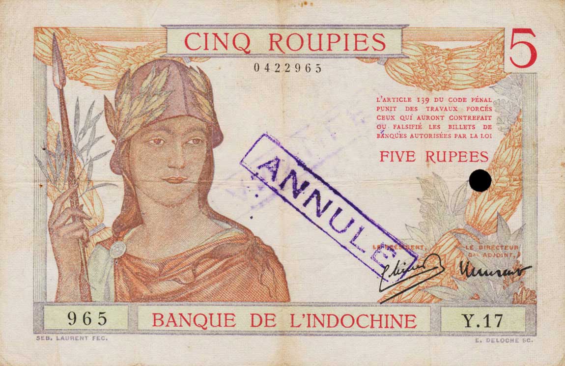 Front of French India p5c: 5 Roupies from 1937