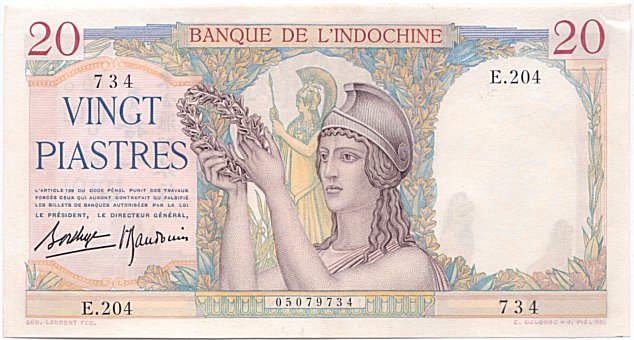 Front of French Indo-China p56b: 20 Piastres from 1936