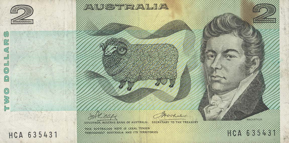 Front of Australia p43a: 2 Dollars from 1974