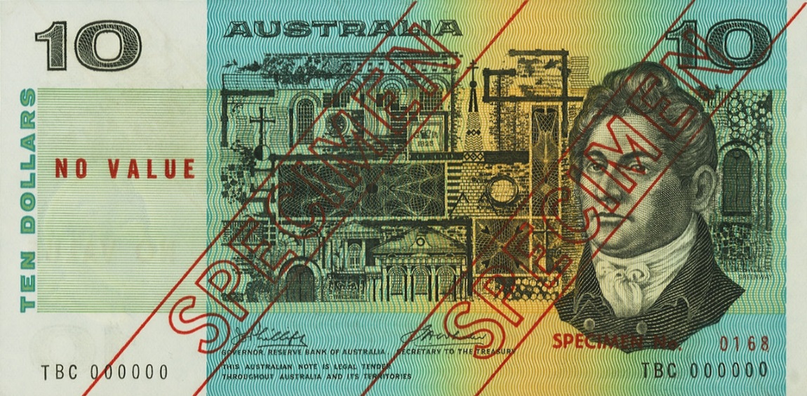 Front of Australia p45s1: 10 Dollars from 1974