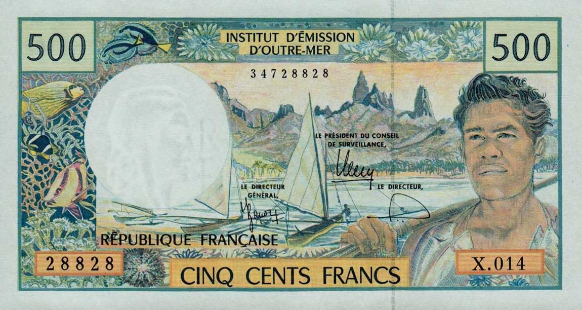 Front of French Pacific Territories p1g: 500 Francs from 1992