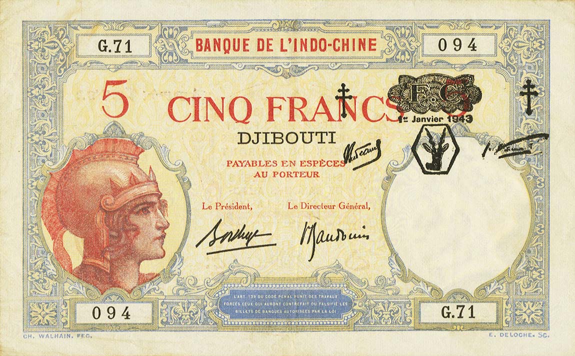 Front of French Somaliland p11: 5 Francs from 1943