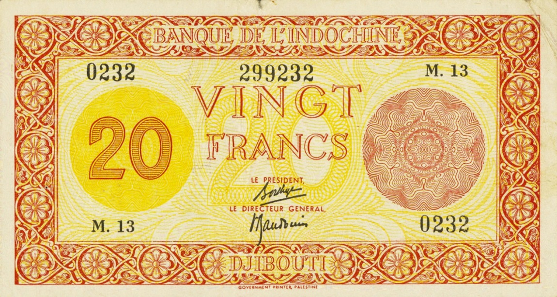 Front of French Somaliland p15: 20 Francs from 1945