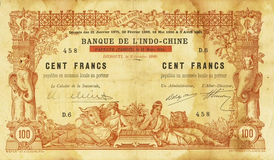 Front of French Somaliland p4a: 100 Francs from 1920