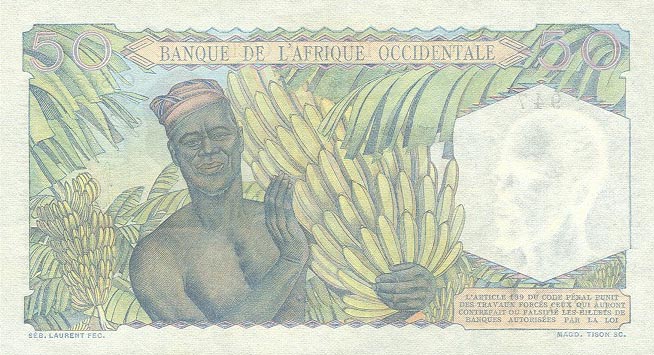 Back of French West Africa p39a: 50 Francs from 1944