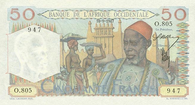 Front of French West Africa p39a: 50 Francs from 1944