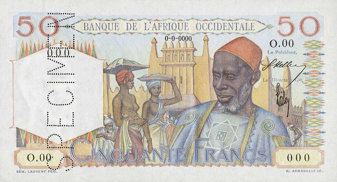 Front of French West Africa p39s: 50 Francs from 1944