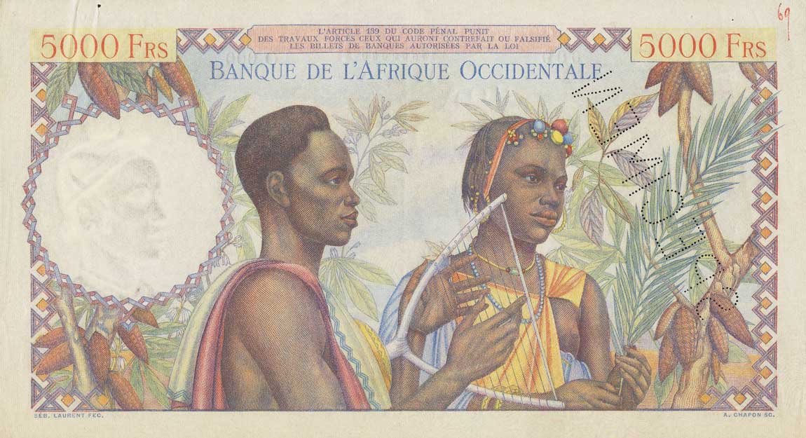 Back of French West Africa p43s: 5000 Francs from 1947