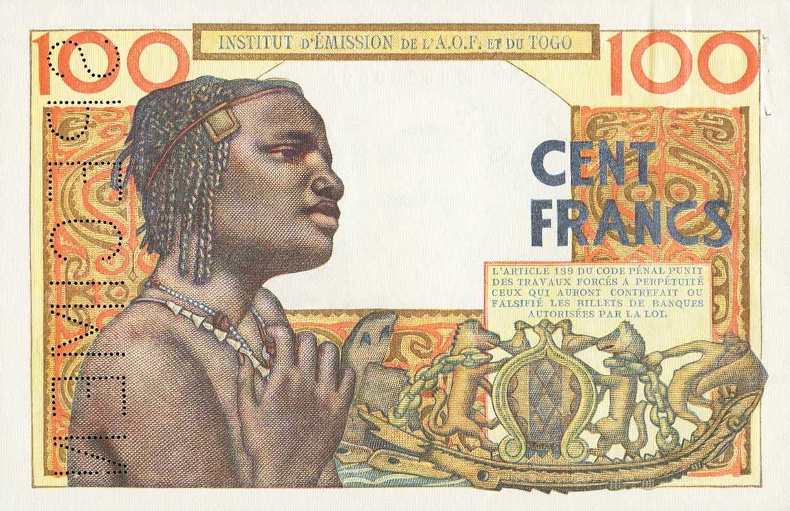 Back of French West Africa p46s: 100 Francs from 1956