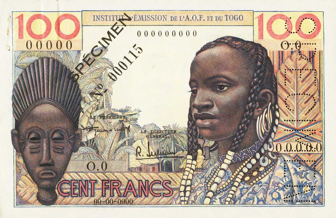 Front of French West Africa p46s: 100 Francs from 1956