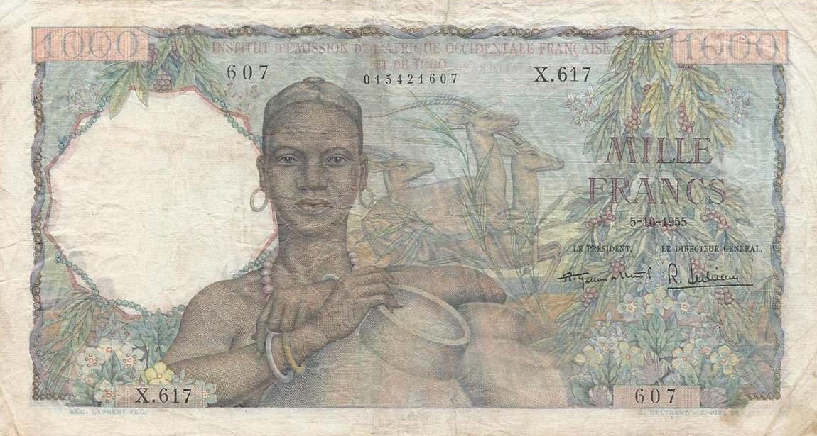 Front of French West Africa p48: 1000 Francs from 1955