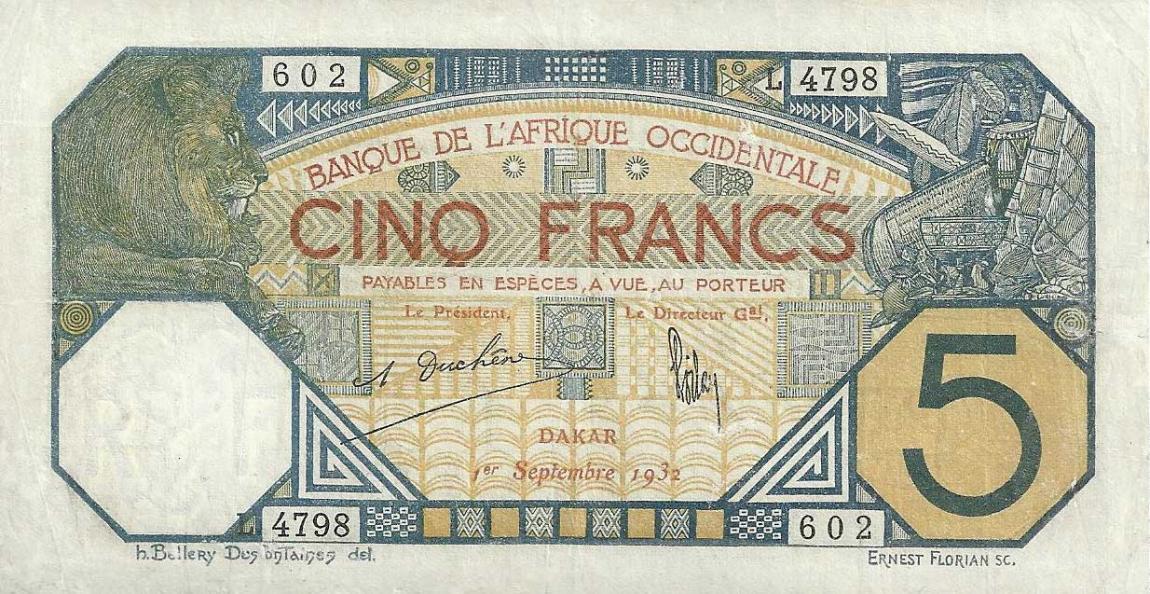 Front of French West Africa p5Bf: 5 Francs from 1929
