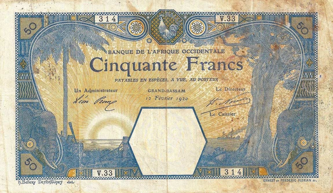 Front of French West Africa p9Da: 50 Francs from 1920
