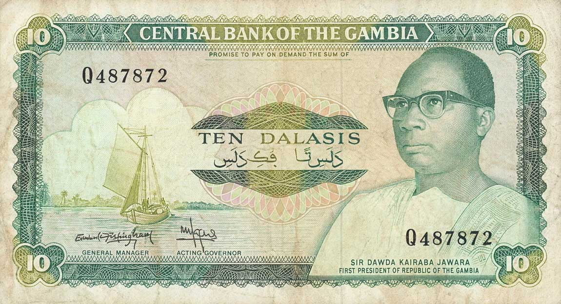 Front of Gambia p10b: 10 Dalasis from 1987