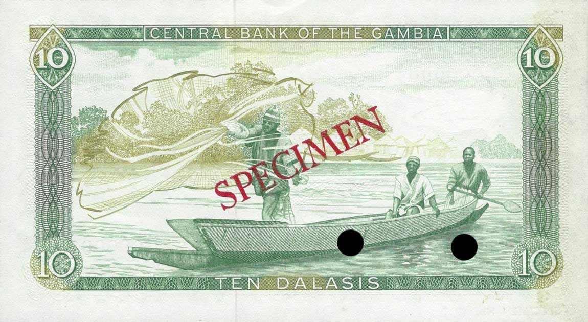 Back of Gambia p10s: 10 Dalasis from 1987