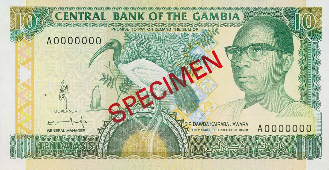 Front of Gambia p13s: 10 Dalasis from 1991