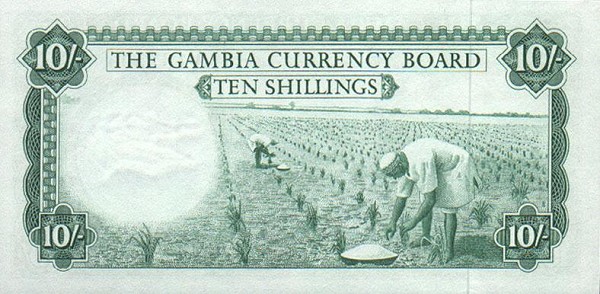 Back of Gambia p1a: 10 Shillings from 1965