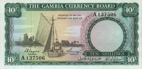 Front of Gambia p1a: 10 Shillings from 1965