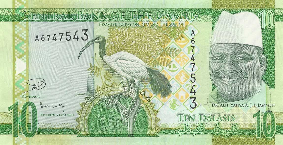 Front of Gambia p32: 10 Dalasis from 2015
