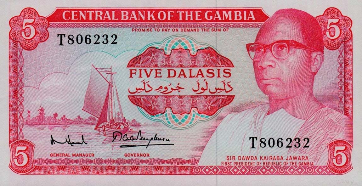 Front of Gambia p5d: 5 Dalasis from 1972