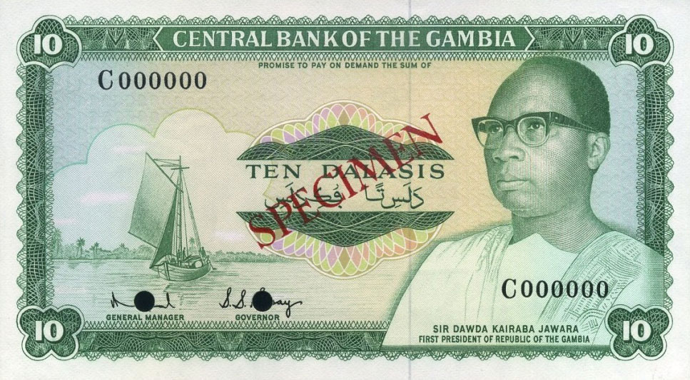 Front of Gambia p6s: 10 Dalasis from 1972