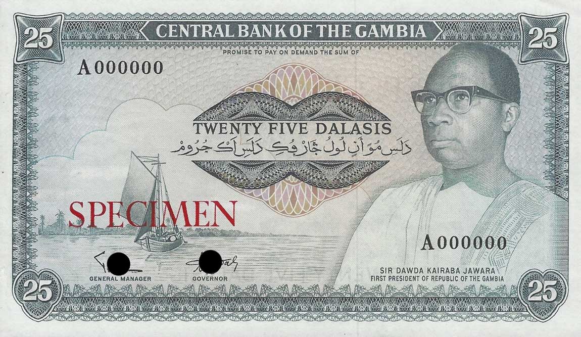 Front of Gambia p7ct: 25 Dalasis from 1972
