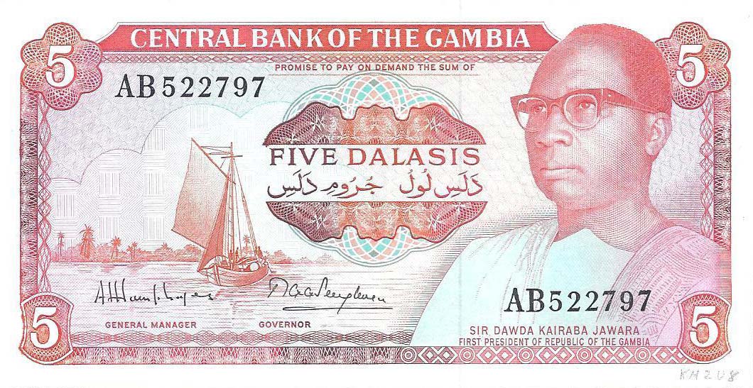Front of Gambia p9a: 5 Dalasis from 1987
