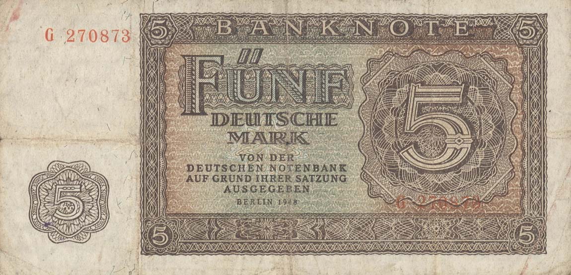 Front of German Democratic Republic p11a: 5 Deutsche Mark from 1948