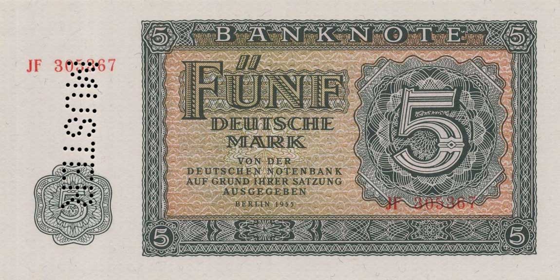 Front of German Democratic Republic p17s: 5 Deutsche Mark from 1955