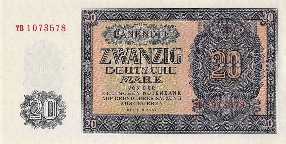 Front of German Democratic Republic p19r: 20 Deutsche Mark from 1955