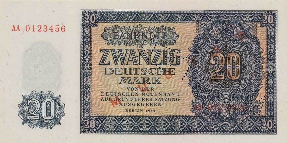 Front of German Democratic Republic p19s: 20 Deutsche Mark from 1955