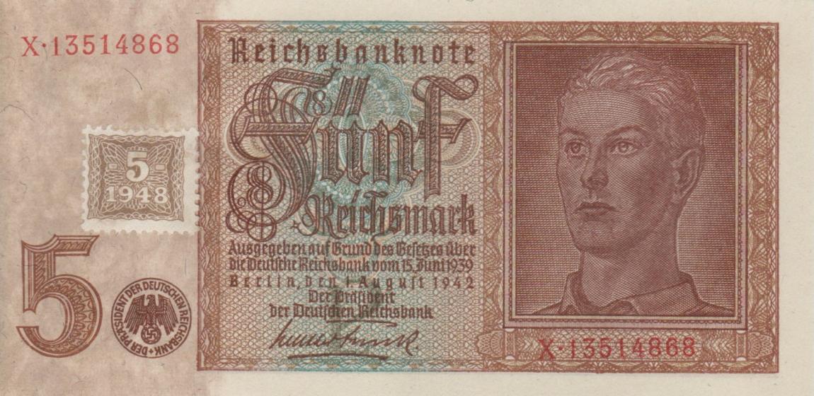 Front of German Democratic Republic p3: 5 Deutsche Mark from 1948