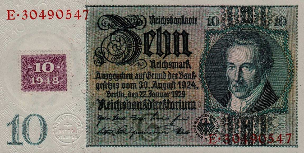 Front of German Democratic Republic p4a: 10 Deutsche Mark from 1948