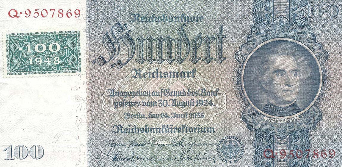 Front of German Democratic Republic p7a: 100 Deutsche Mark from 1948