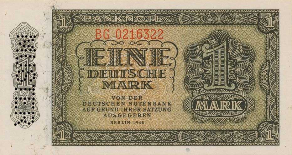Front of German Democratic Republic p9s: 1 Deutsche Mark from 1948
