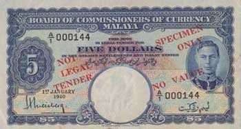 Malaya $5 from 1940: Original Issue