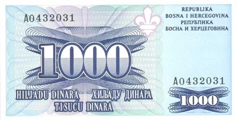 Front of Bosnia and Herzegovina banknote, 1000 Dinara, pick 47C from the year 1995 Front of Bosnia and Herzegovina banknote, 1000 Dinara, pick 47C from the year 1995
