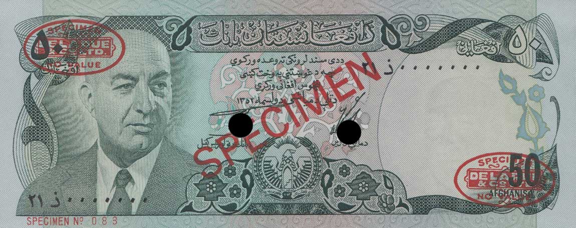 Front of Afghanistan p49s: 50 Afghanis from 1973