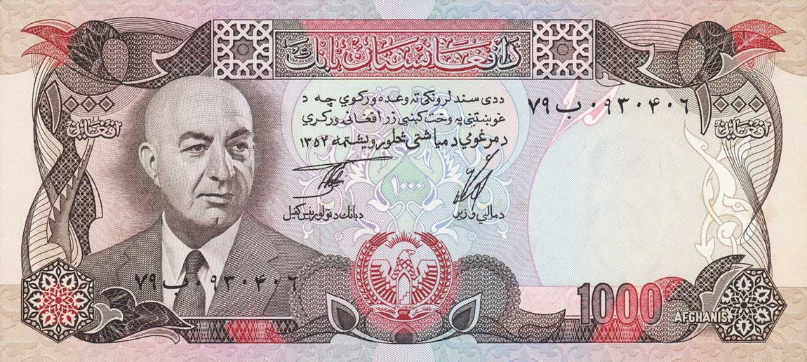 Front of Afghanistan p53b: 1000 Afghanis from 1975