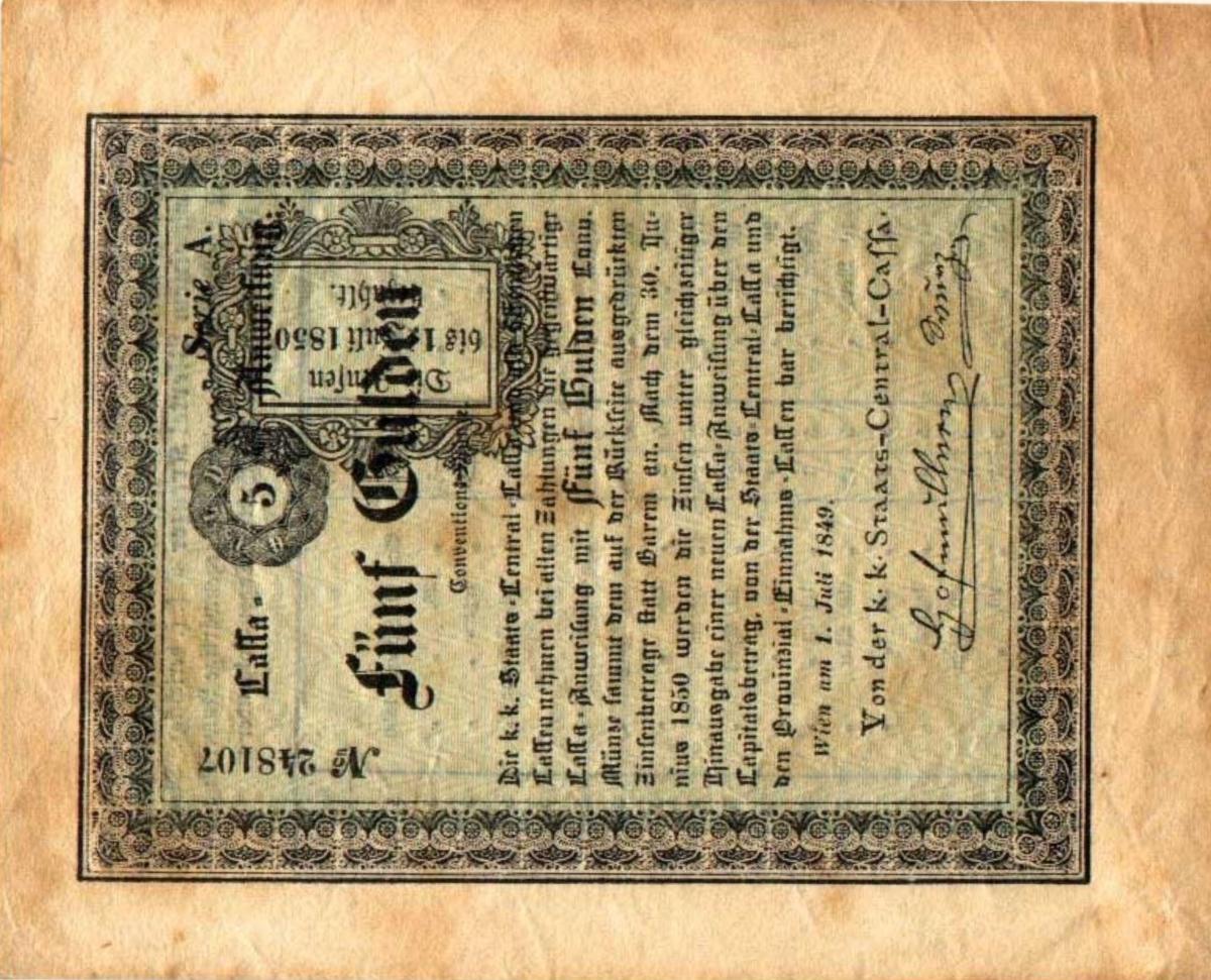 Front of Austria pA108: 5 Gulden from 1849