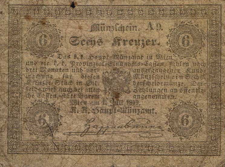 Front of Austria pA91: 6 Kreuzeris from 1849