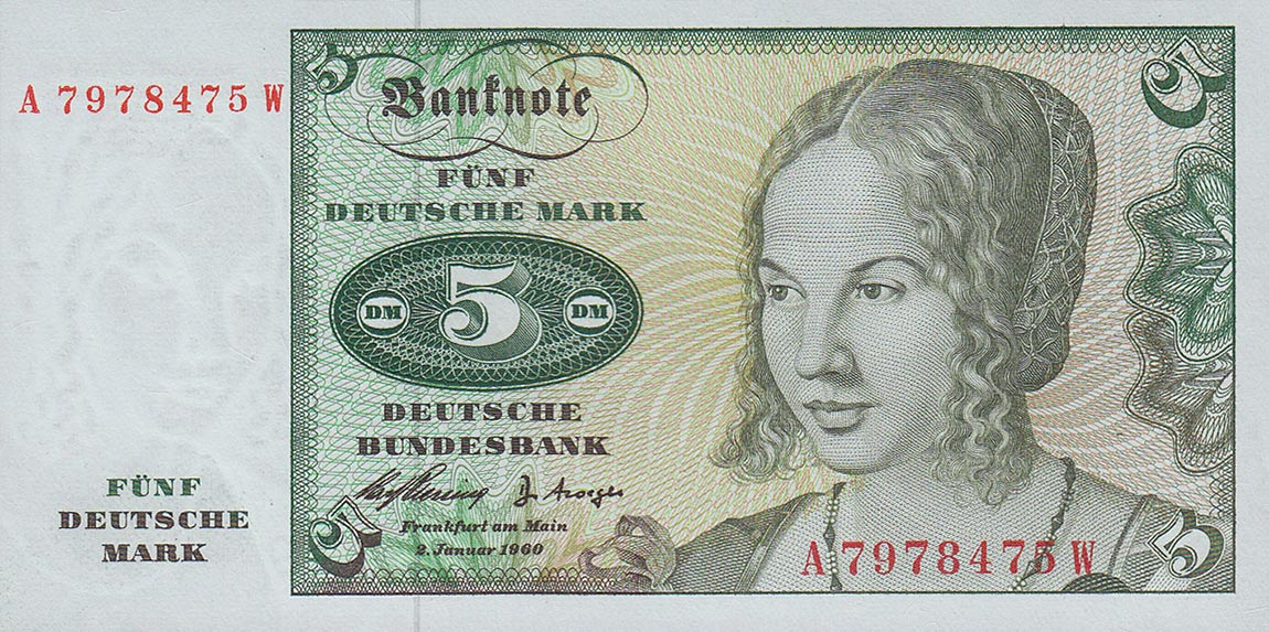 Front of German Federal Republic p18a: 5 Deutsche Mark from 1960