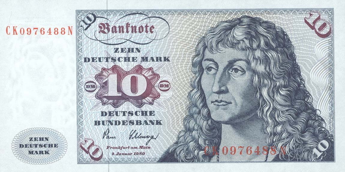 Front of German Federal Republic p31d: 10 Deutsche Mark from 1980