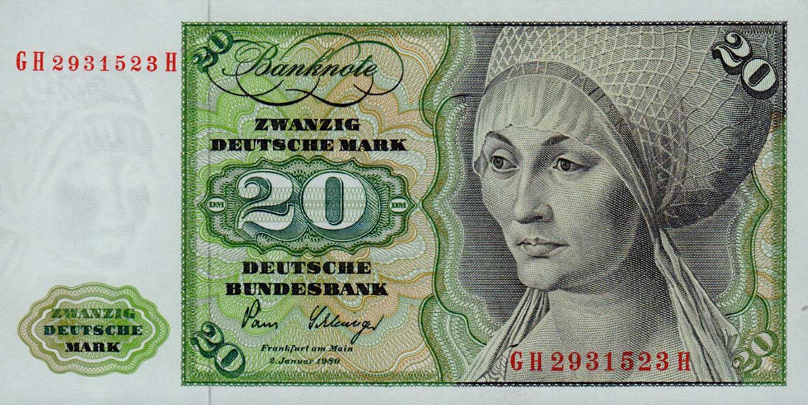 Front of German Federal Republic p32c: 20 Deutsche Mark from 1980
