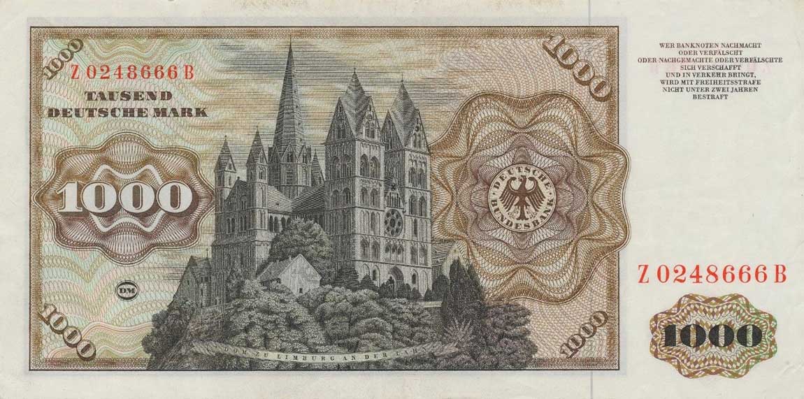 Back of German Federal Republic p36r1: 1000 Deutsche Mark from 1977