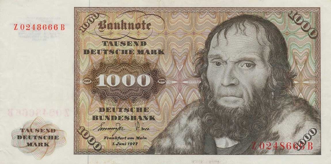 Front of German Federal Republic p36r1: 1000 Deutsche Mark from 1977