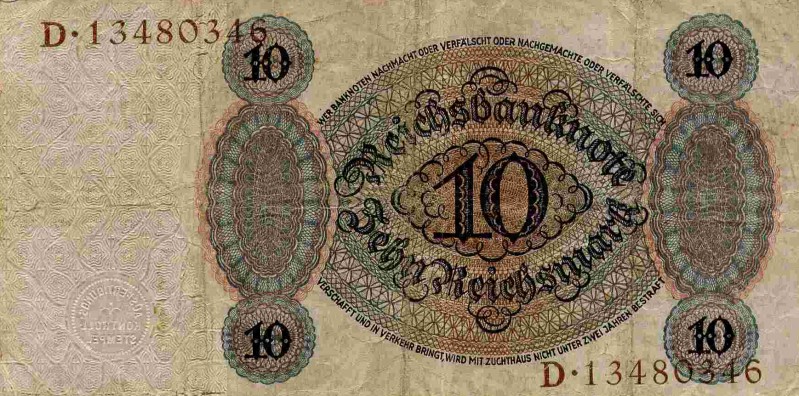 Back of Germany p175: 10 Reichsmark from 1924