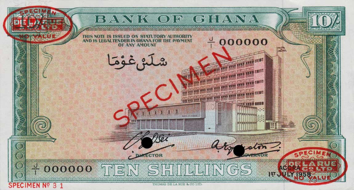 Front of Ghana p1s: 10 Shillings from 1958