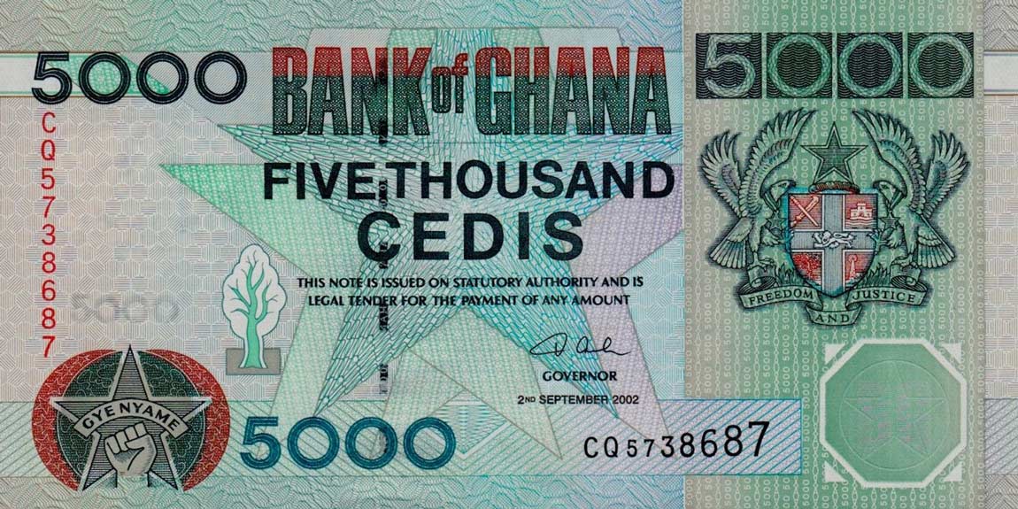 Front of Ghana p34h: 5000 Cedis from 2002