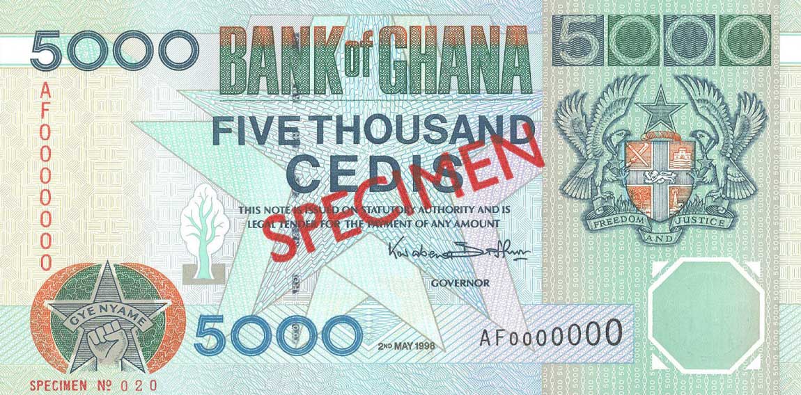 Front of Ghana p34s: 5000 Cedis from 1996
